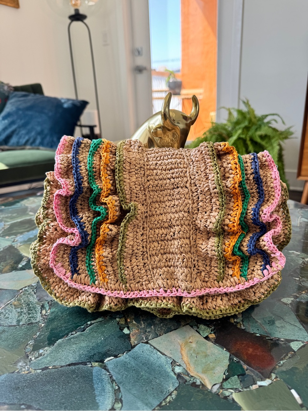 Handwoven Multicolor Rafia Ruffle Clutch Bag - Picture 4 of 7